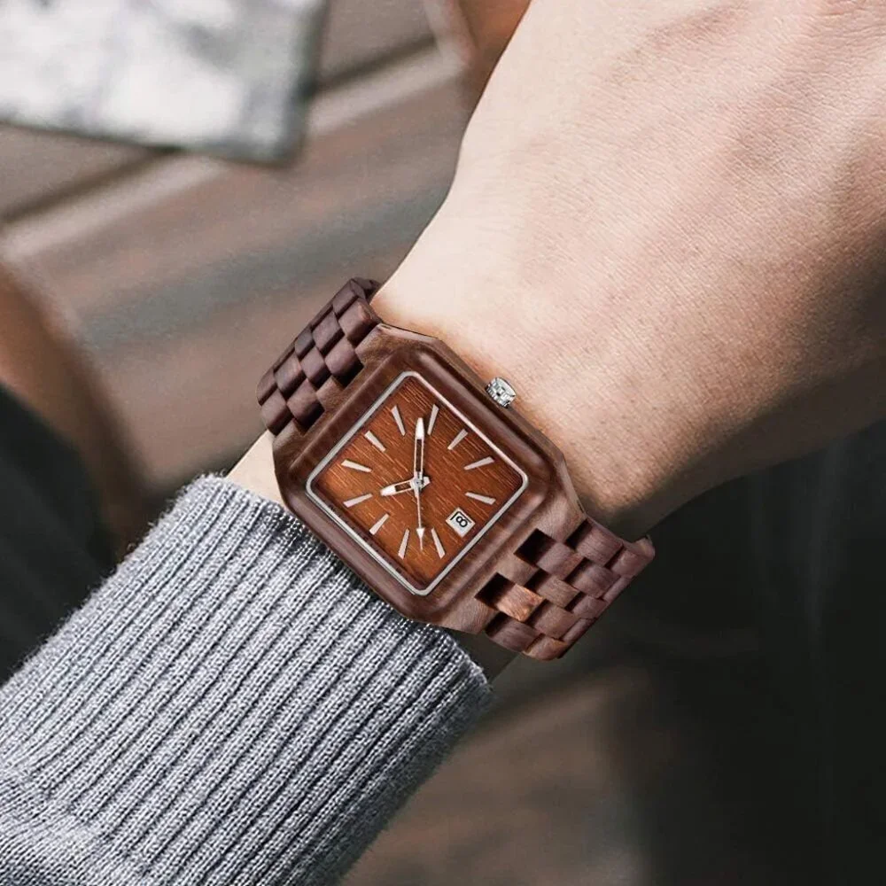 Men's Brown Red Rectangle Quartz Movement Wooden Watches